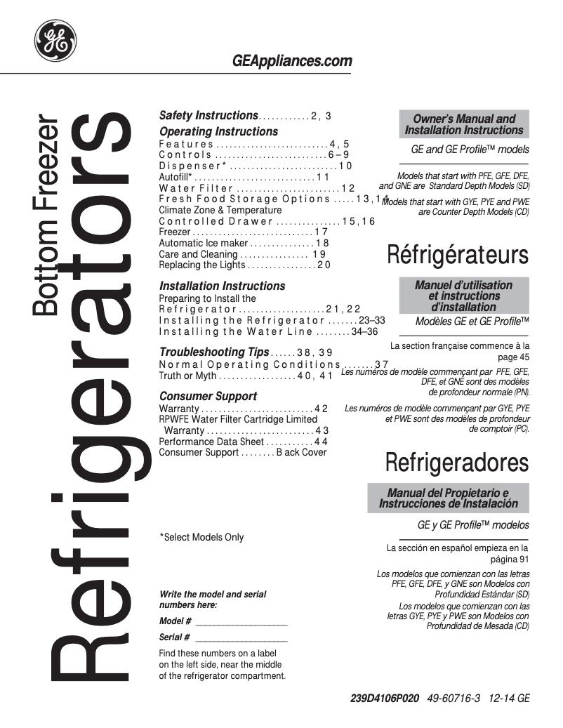 Page 1 de la notice Manuel utilisateur GE GFE28HSHSS
