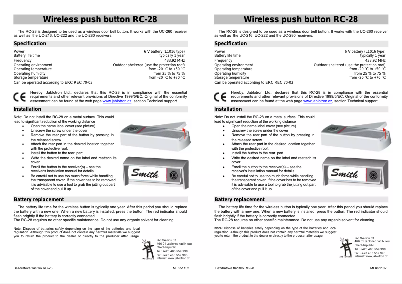 Page 1 de la notice Manuel utilisateur Joblotron RC-28