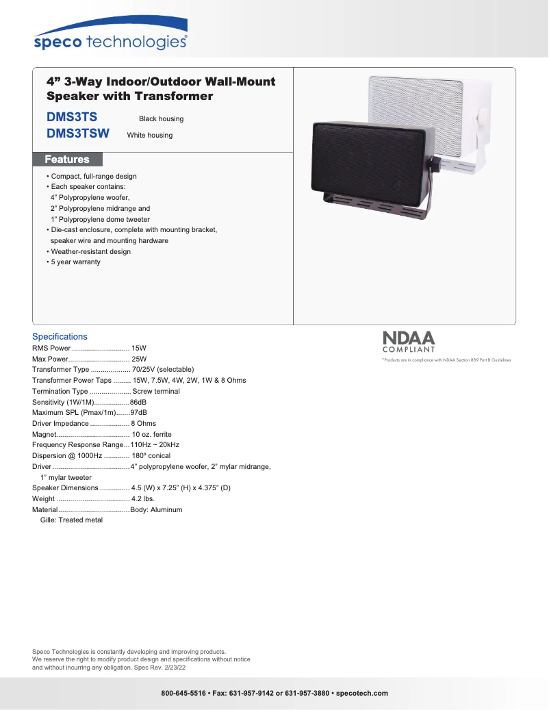 Page 1 de la notice Fiche technique Speco Technologies DMS3TS