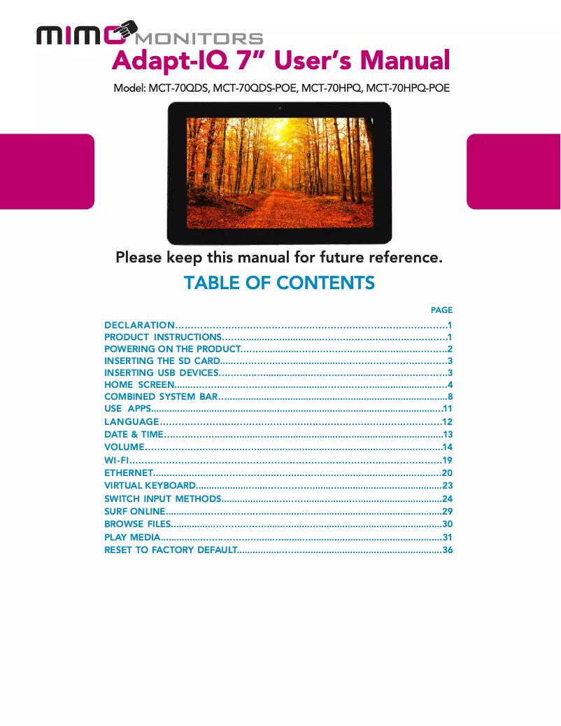 Page 1 de la notice Manuel utilisateur Mimo Monitors Adapt-IQ MCT-70QDS