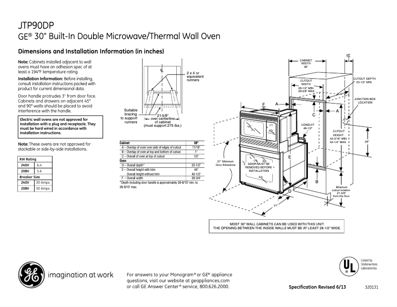 Página 1 del manual Ficha técnica GE JTP90DPBB