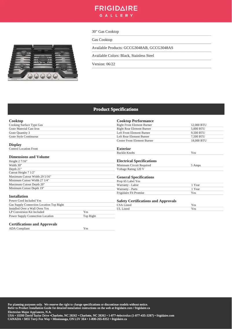 Página 1 del manual Ficha técnica Frigidaire GCCG3048AS