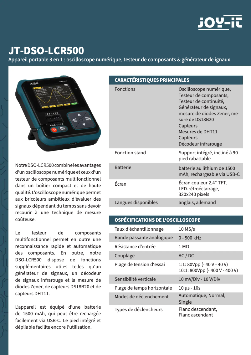 Page 1 de la notice Fiche technique Joy-It DSO-LCR500