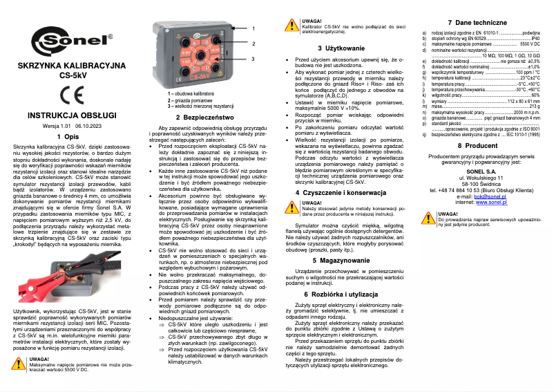 Page n°1 - Manuel utilisateur Sonel CS-5kV