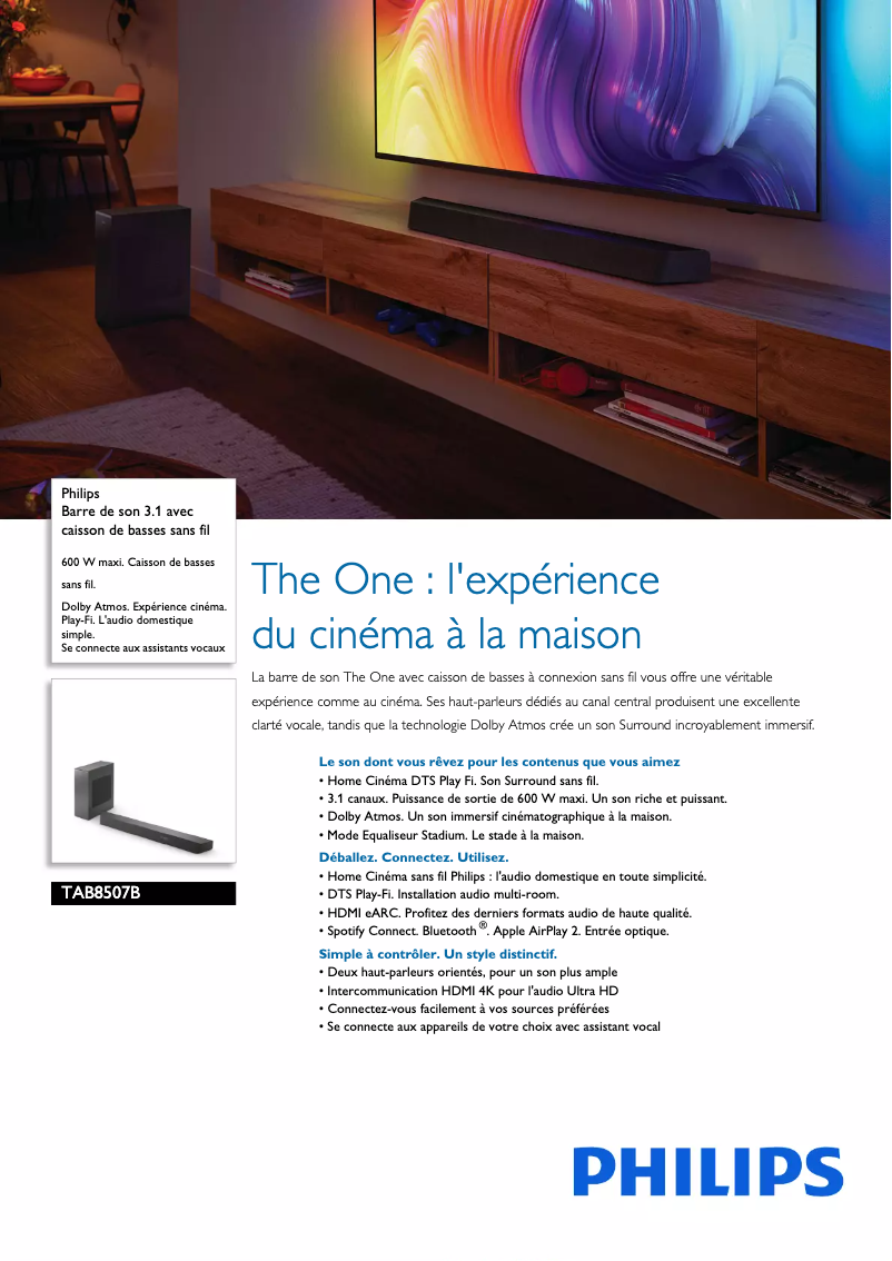 Page 1 de la notice Fiche technique Philips TAB8507B