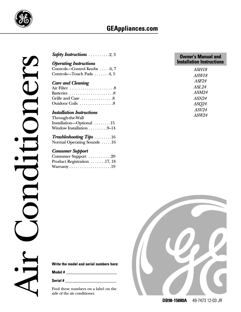 Page 1 of the manual Installation Guide GE ASV24DA