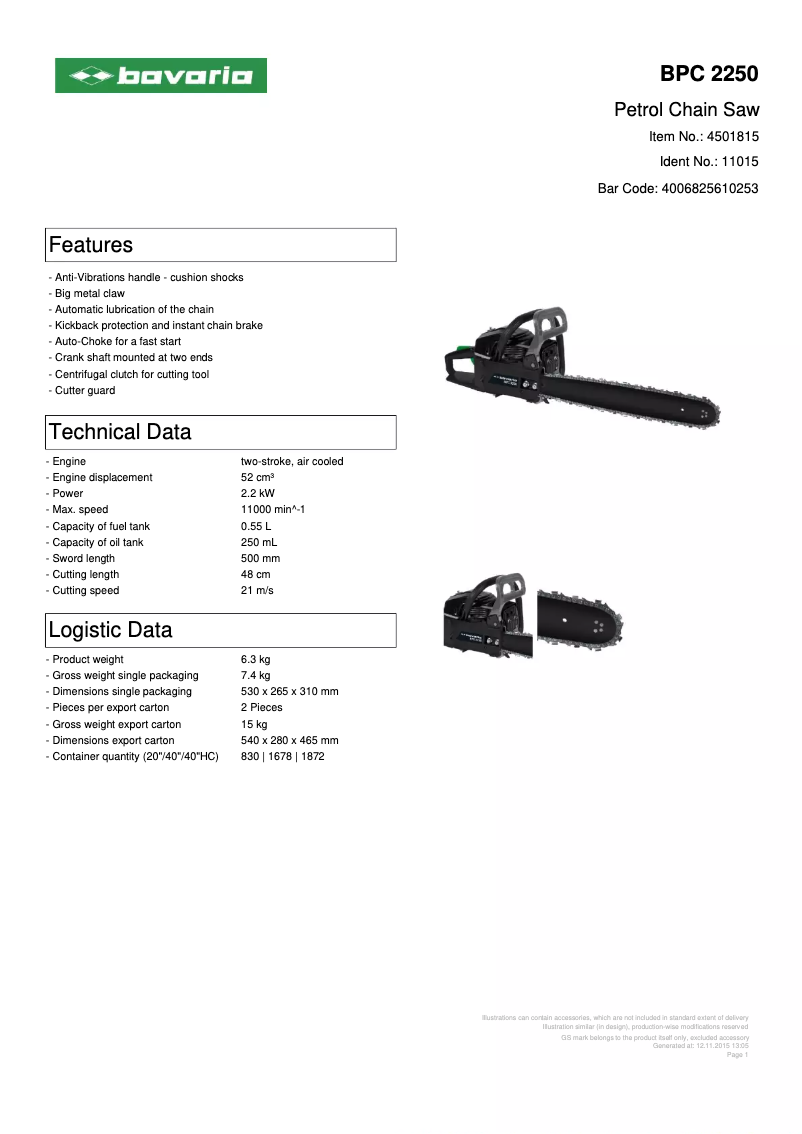 Página 1 del manual Ficha técnica Bavaria BPC 2250
