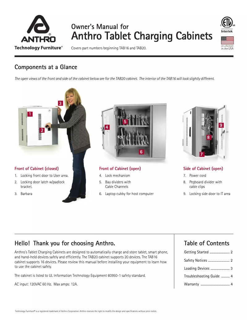 Page 1 de la notice Manuel utilisateur Anthro Tablet Charging Cabinets