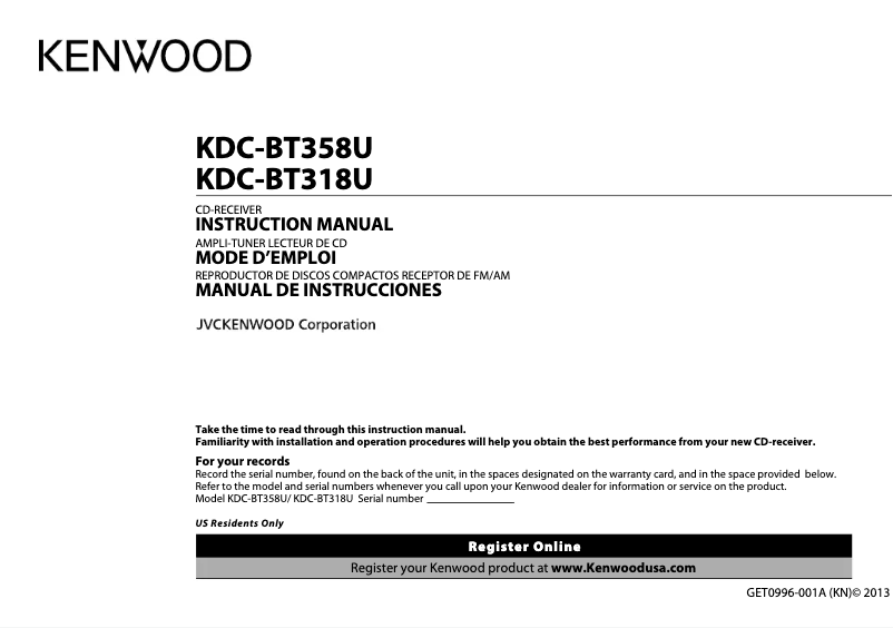 Page n°1 - Manuel utilisateur Kenwood KDC-BT318U