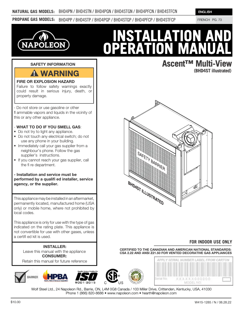 Page 1 de la notice Manuel utilisateur Napoleon Ascent Multi-View BHD4ST