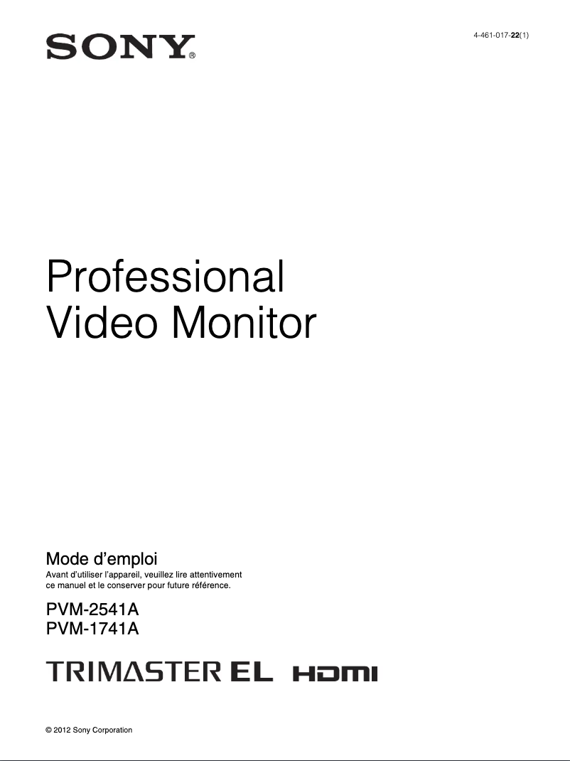 Page 1 de la notice Manuel utilisateur Sony PVM-1741A