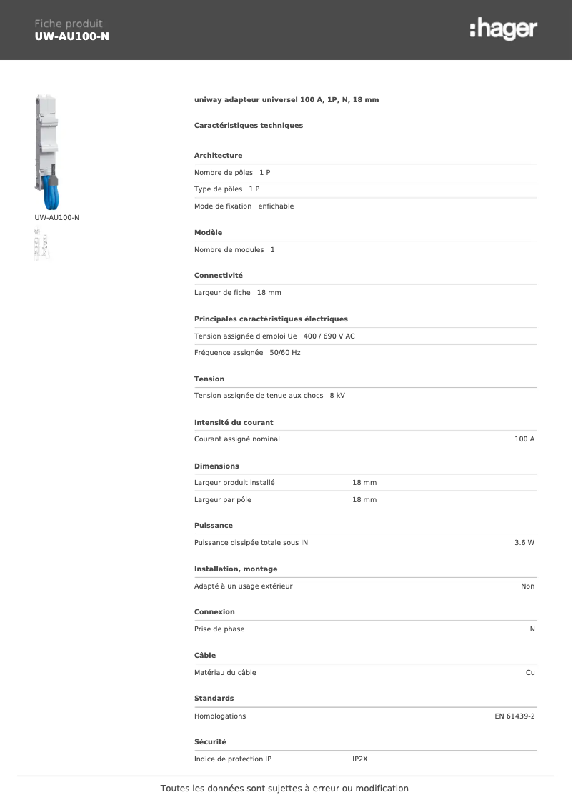 Page n°1 - Manuel utilisateur Hager UW-AU100-N