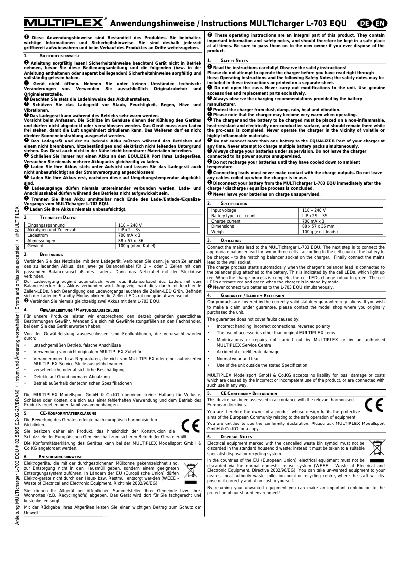 Page 1 de la notice Manuel utilisateur Multiplex 82523