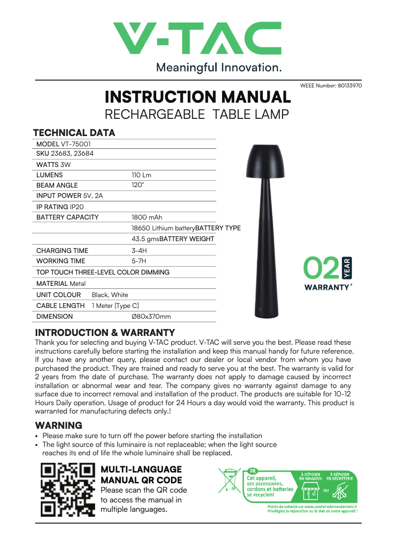 Page 1 de la notice Manuel utilisateur V-TAC VT-75001