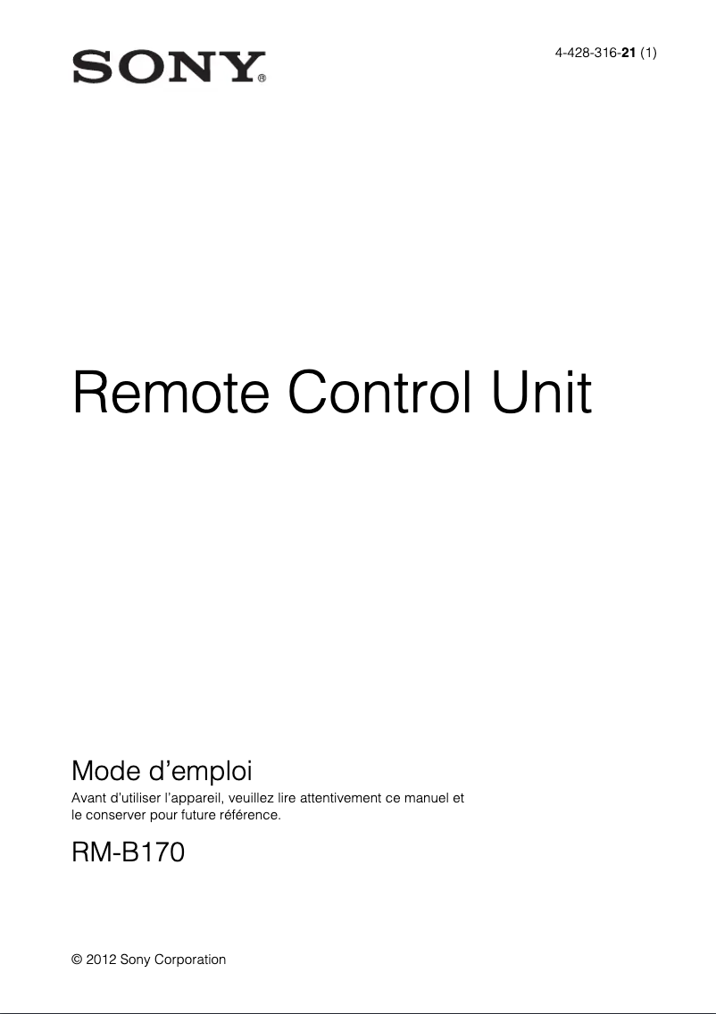 Page n°1 - Manuel utilisateur Sony RM-B170