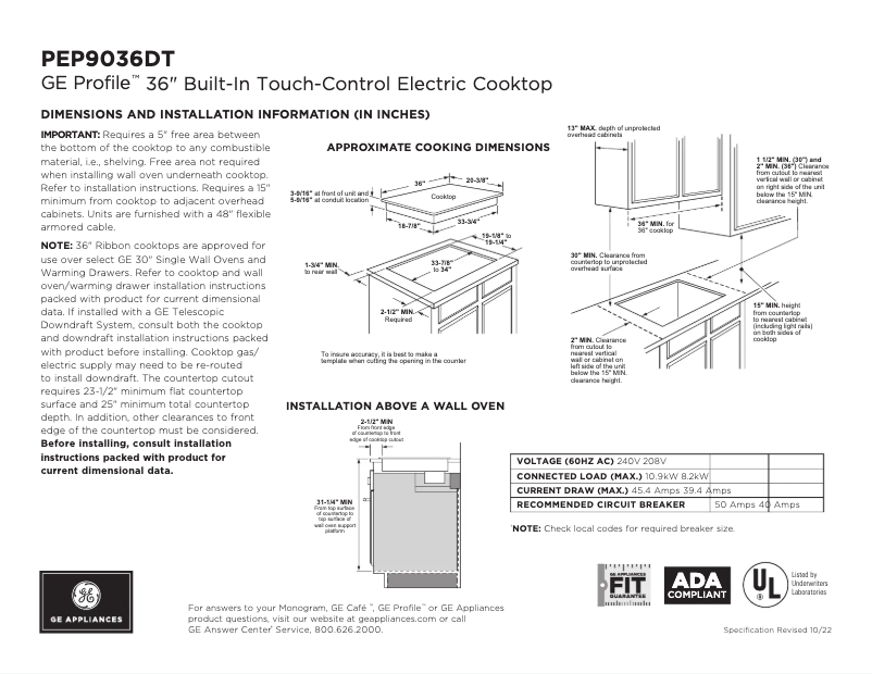 Page 1 de la notice Fiche technique GE Profile PEP9036DTBB