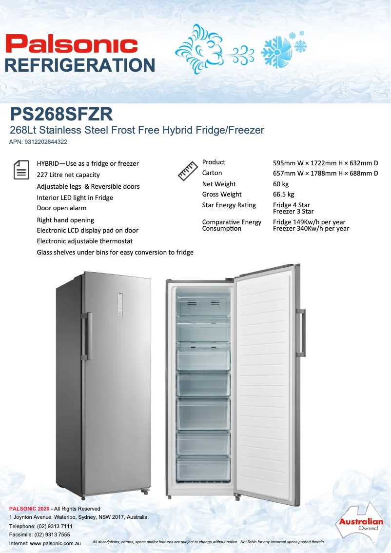 Page 1 de la notice Fiche technique Palsonic PS268SFZR