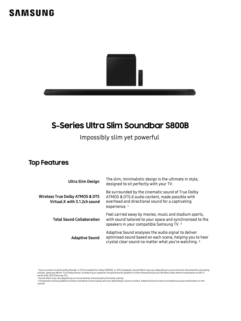 Page 1 de la notice Fiche technique Samsung HW-S800B