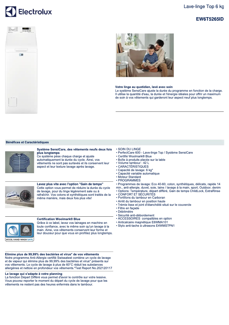 Page 1 de la notice Fiche technique Electrolux EW6T5265ID