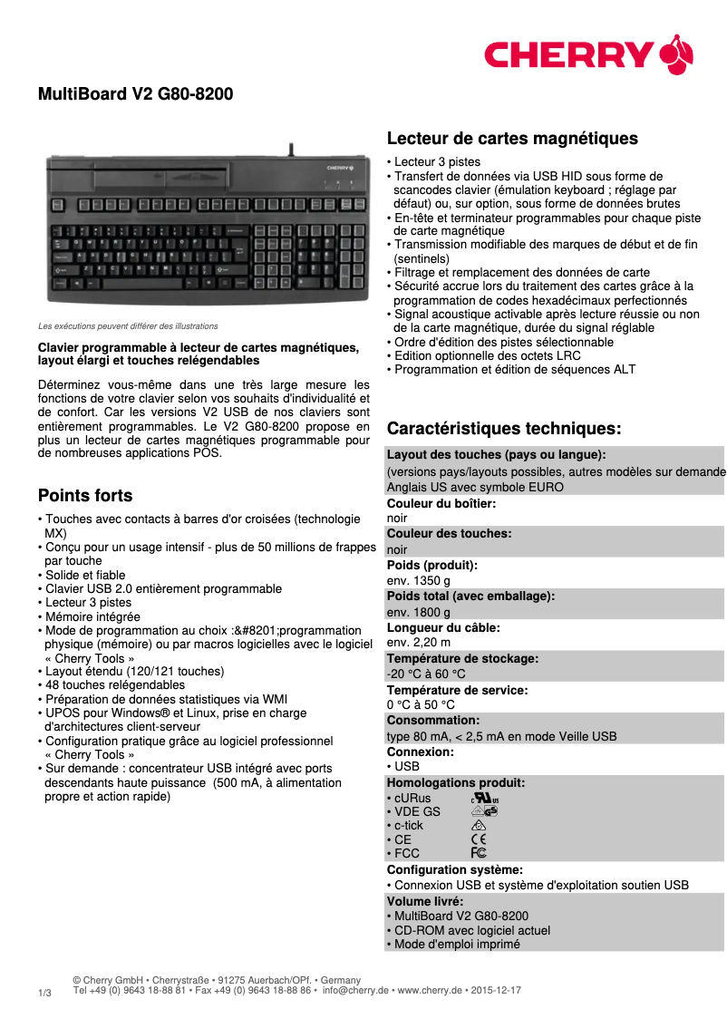 Page 1 de la notice Fiche technique Cherry MultiBoard V2 G80-8200