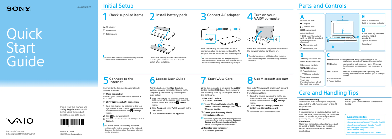 Page n°1 - Guide d'installation Sony Vaio SVE15126CXW