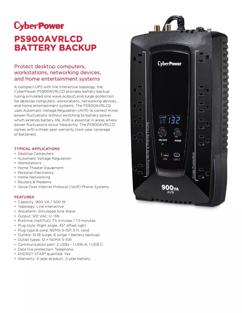 Page 1 de la notice Fiche technique CyberPower PS900AVRLCD