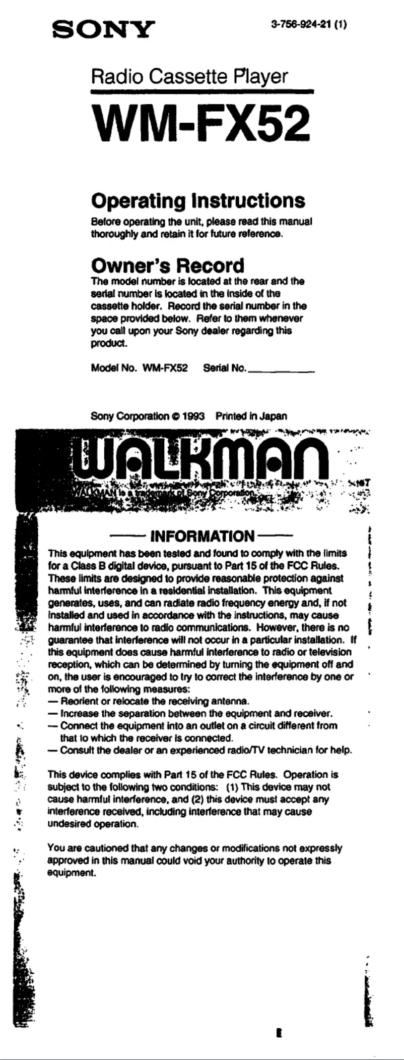 Image de la première page du manuel de l'appareil Walkman WM-FX52