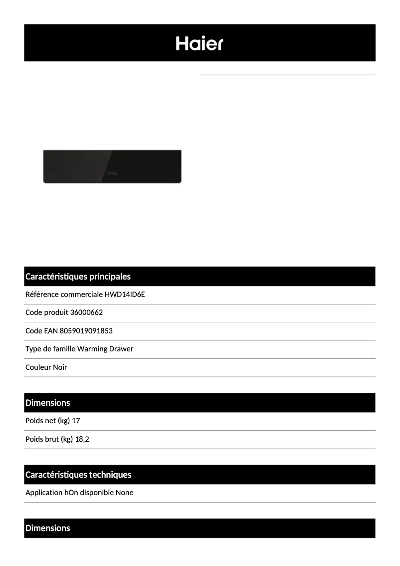 Page 1 de la notice Fiche technique Haier HWD14ID6E