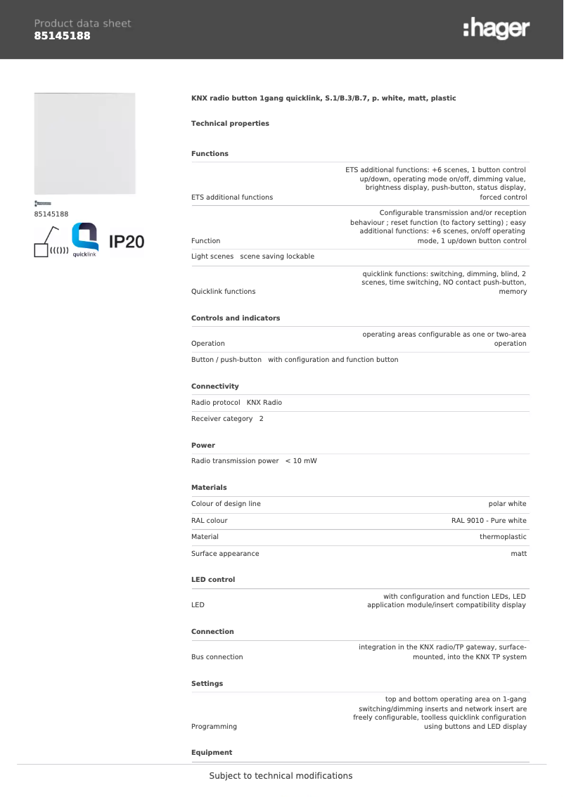 Página 1 del manual Ficha técnica Hager 85145188