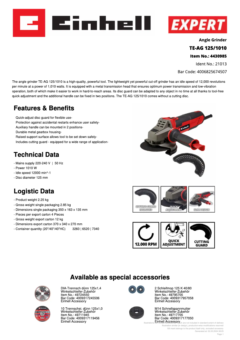 Page 1 de la notice Fiche technique Einhell TE-AG 125/1010
