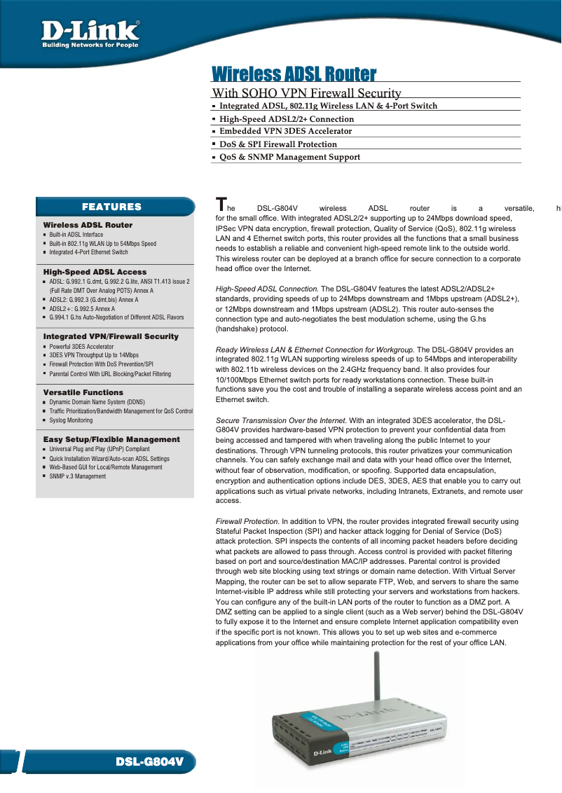 Page 1 de la notice Fiche technique D-Link DSL-G804V