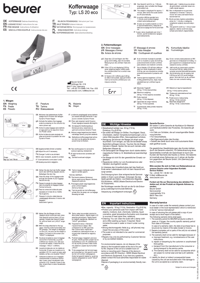 Page 1 de la notice Manuel utilisateur Beurer LS 20 eco