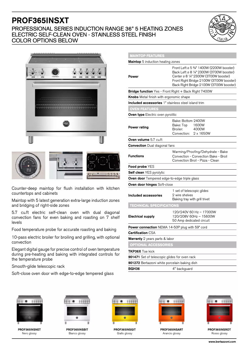 Page 1 de la notice Fiche technique Bertazzoni Professional PROF365INSROT