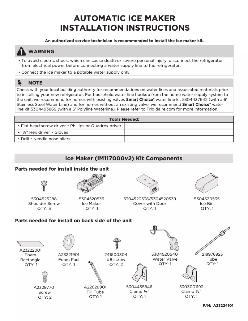Página 1 del manual Guía de instalación Frigidaire FFHT1822UW