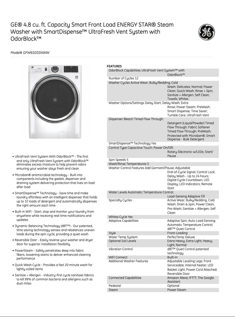 Página 1 del manual Ficha técnica GE GFW650SSNWW