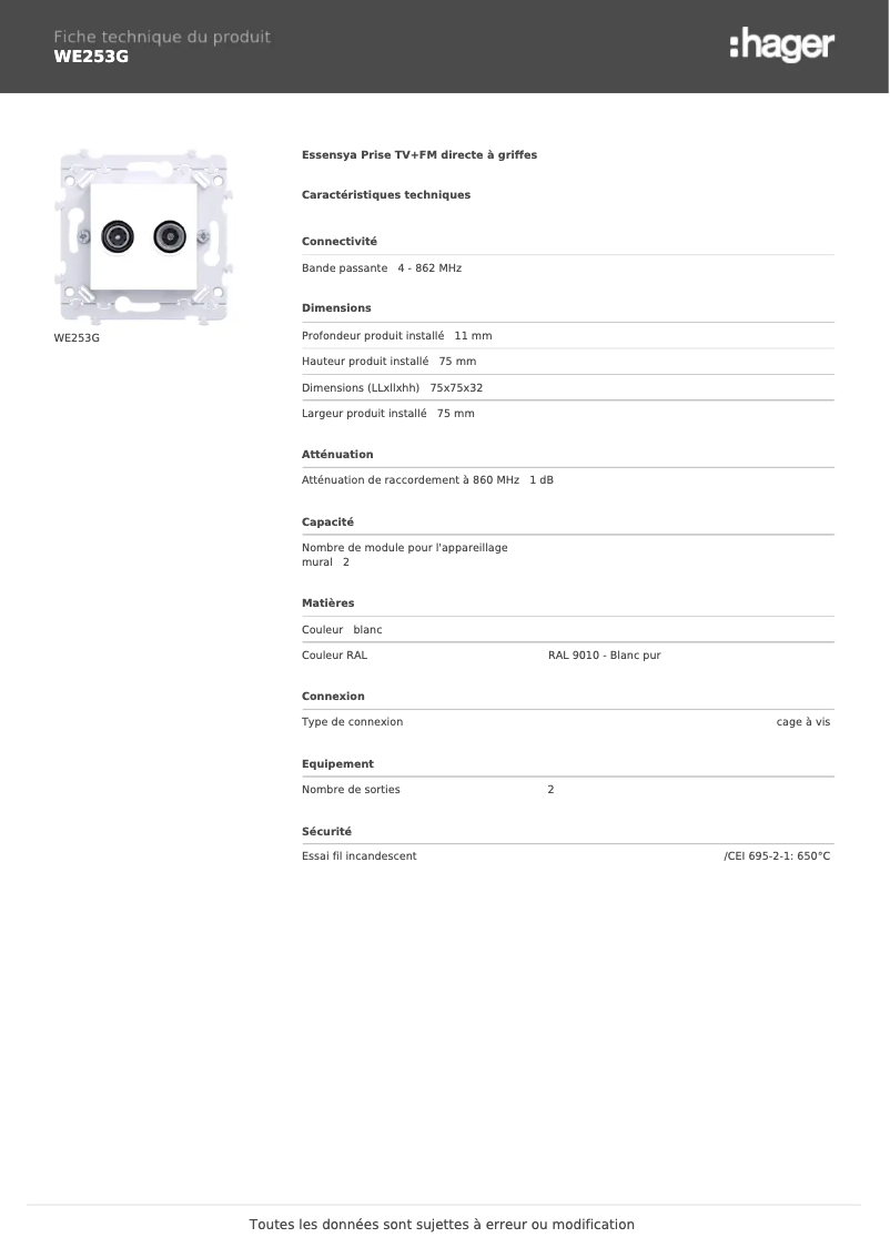 Page n°1 - Fiche technique Hager WE253G