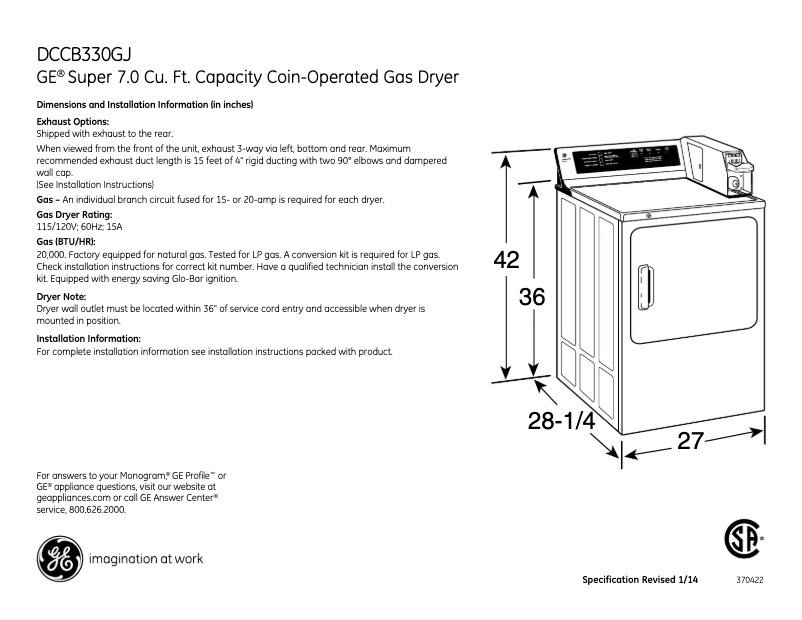 Page 1 de la notice Fiche technique GE DCCB330GJWC