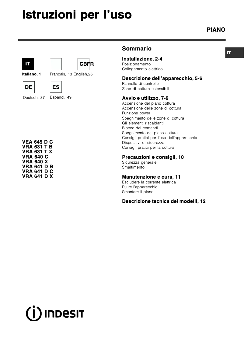 Page 1 de la notice Manuel utilisateur Indesit VRA 641