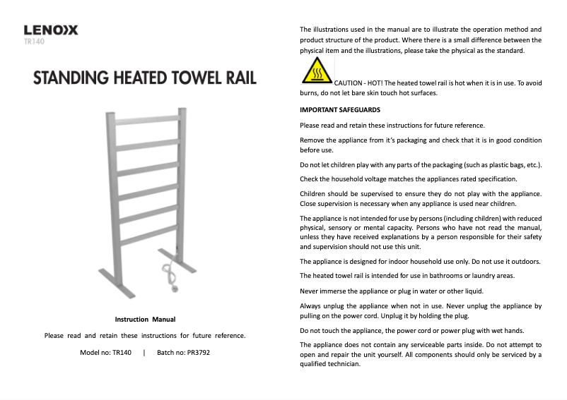 Page 1 de la notice Manuel utilisateur Lenoxx Standing Heated Towel Rail