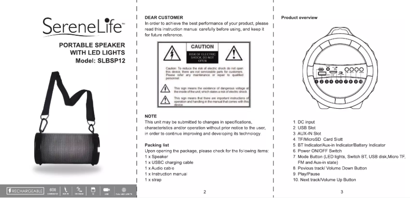 Page n°1 - Manuel utilisateur SereneLife SLBSP12