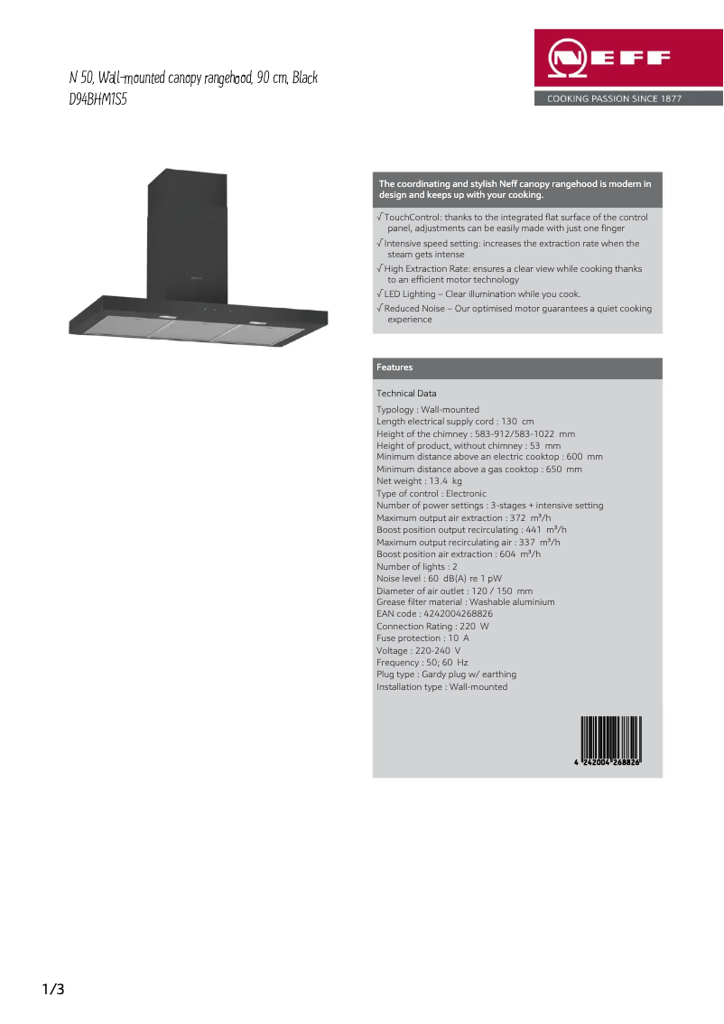 Page 1 de la notice Fiche technique Neff D94BHM1S5