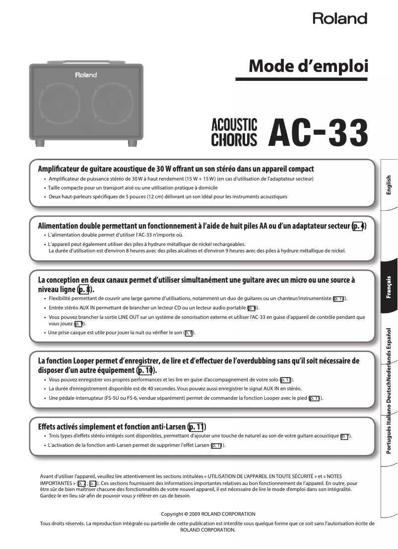 Page 1 de la notice Manuel utilisateur Roland AC-33