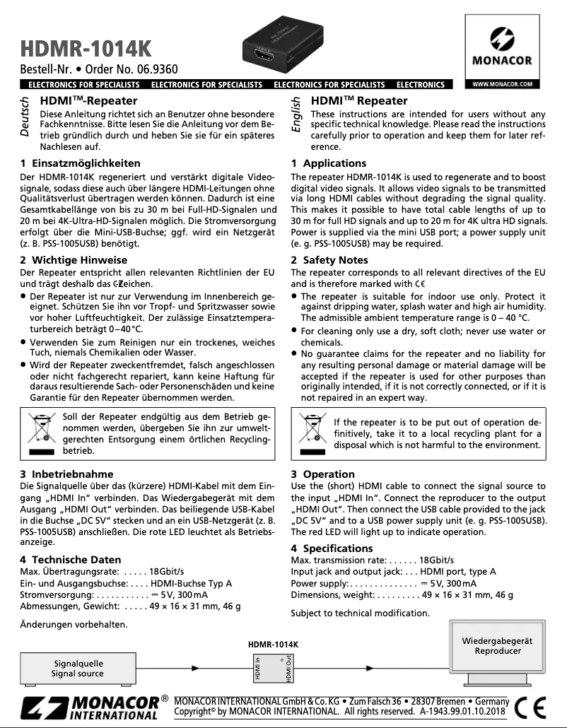 Page 1 de la notice Manuel utilisateur Monacor HDMR-1014K
