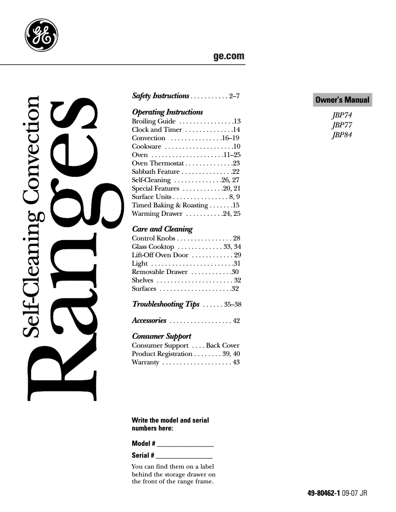 Page 1 de la notice Manuel d'utilisation et d'entretien GE JBP84SKSS