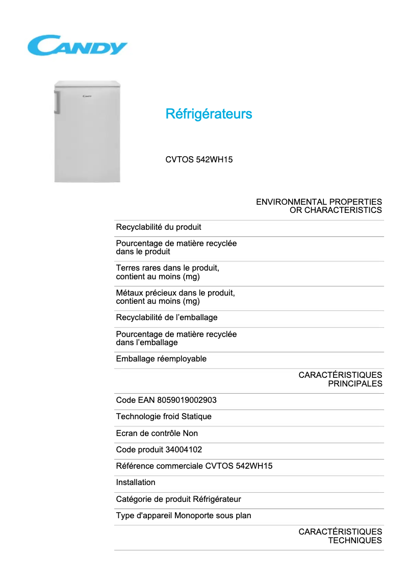 Page 1 de la notice Fiche technique Candy CVTOS 542WH15