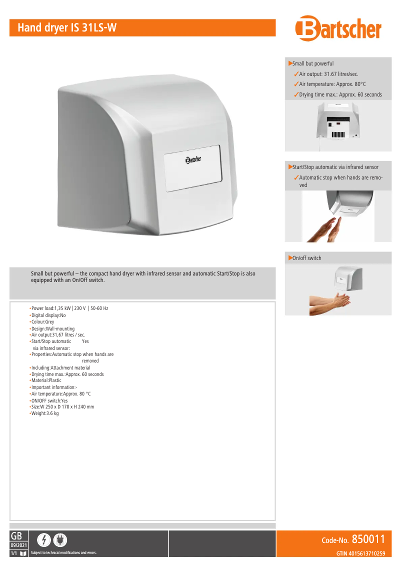Page 1 de la notice Fiche technique Bartscher IS 31LS-W