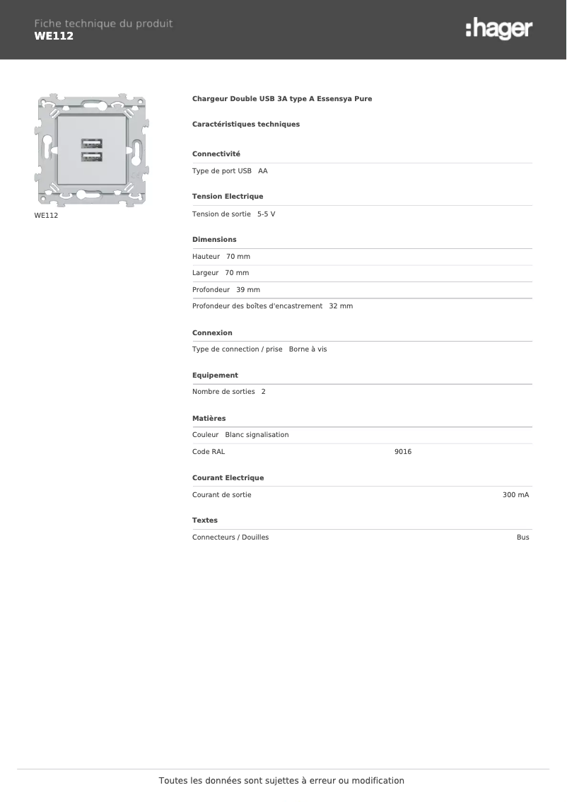 Page 1 de la notice Fiche technique Hager WE112
