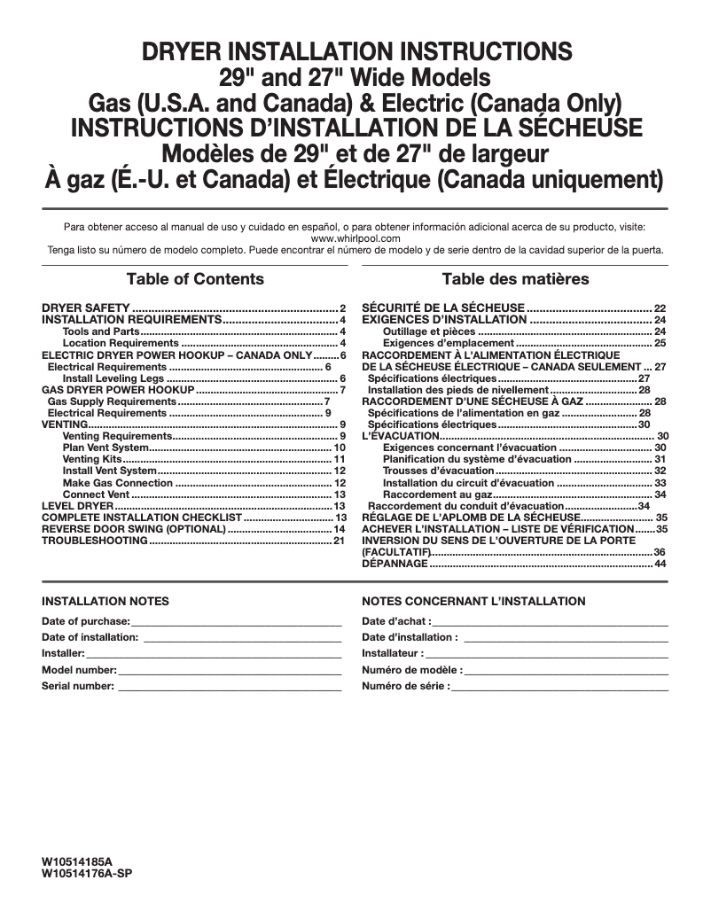 Page n°1 - Instructions / montage Maytag MGDC300BW