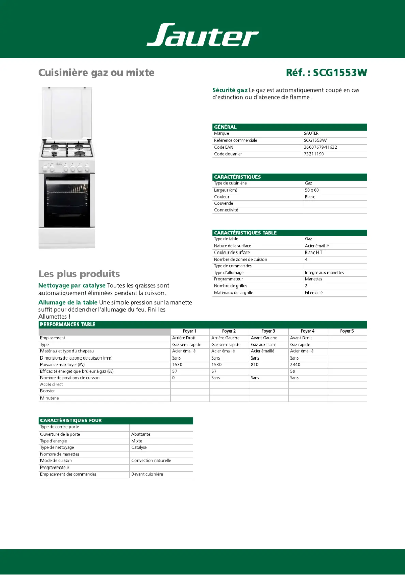 Page 1 of the manual Technical Sheet Sauter SCG1553W