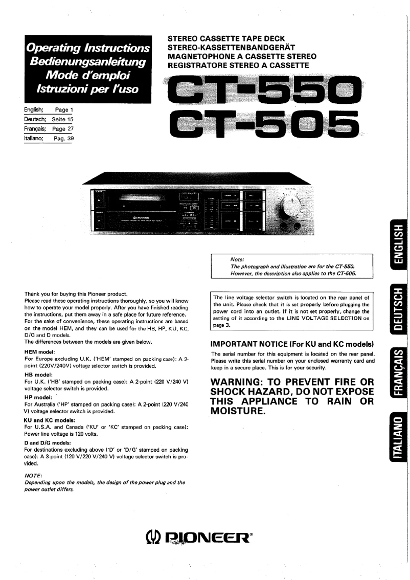 Page 1 de la notice Manuel utilisateur Pioneer CT-550